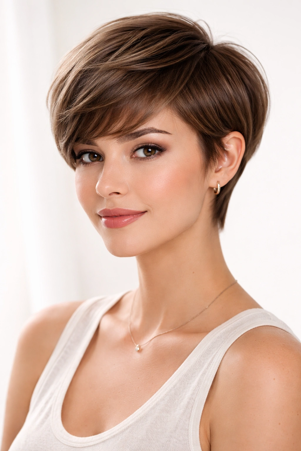 Rounded Pixie hairstyle with soft round crown and short sides