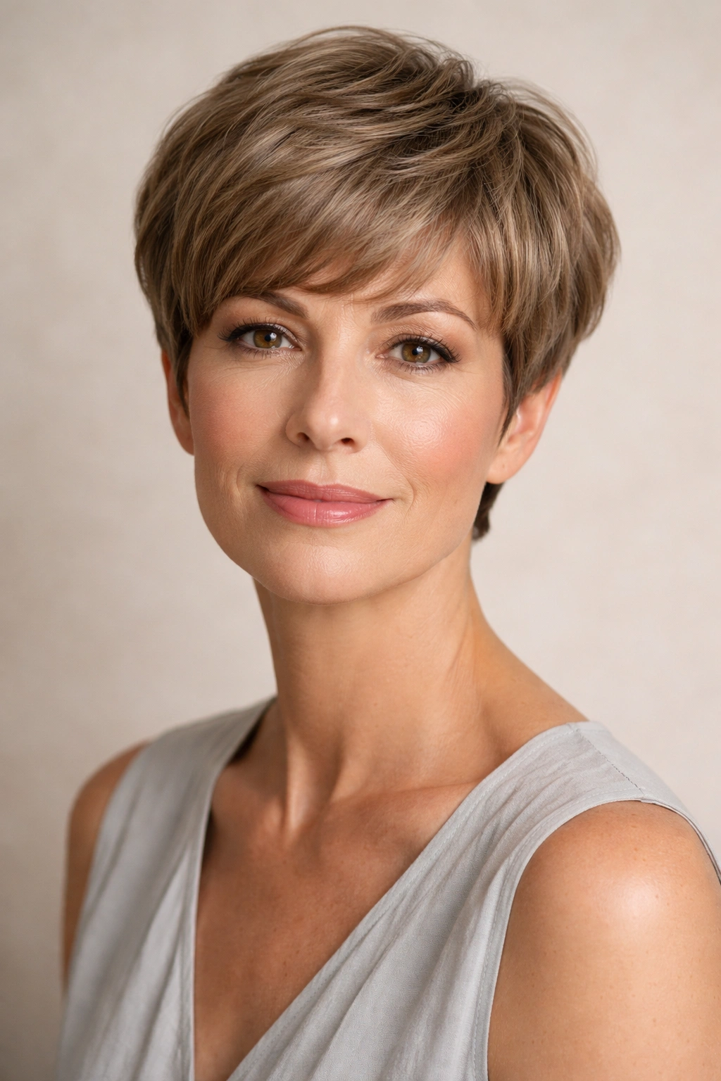 Mature woman with oblong face in a rounded pixie hairstyle.