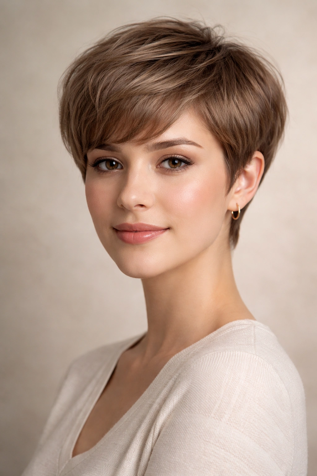 Rounded Pixie With Soft Edges showing crown volume and curved temples