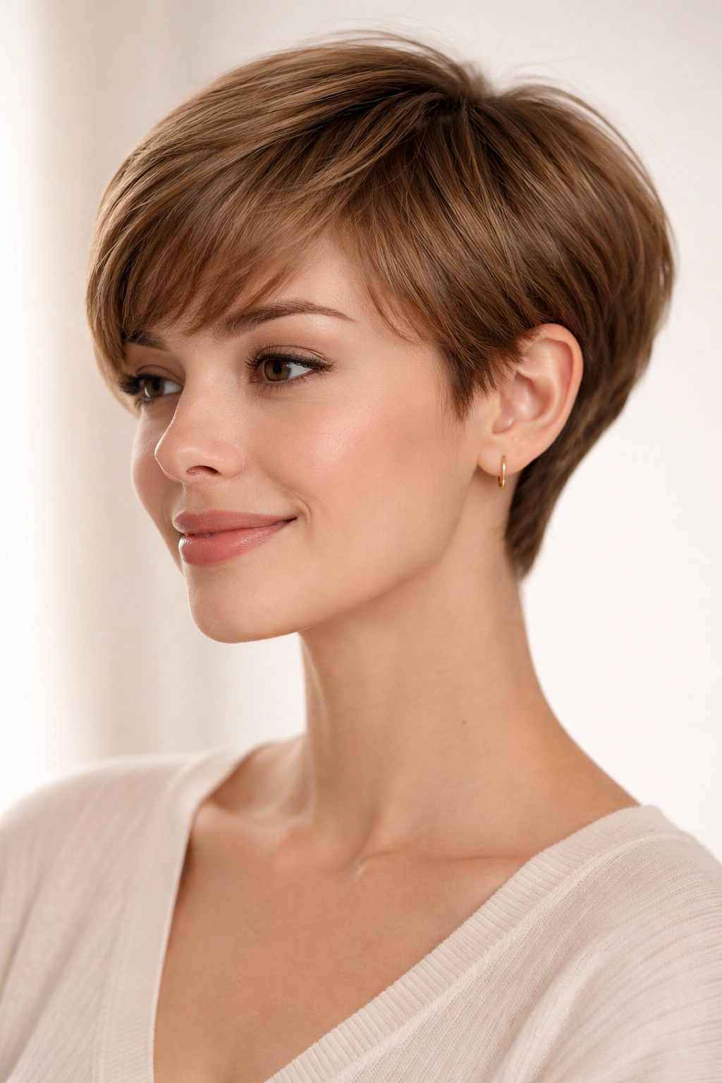 15 Short Low Maintenance Cuts For A Busy Life 12 Three-quarter view of The Rounded Pixie with Soft Edges hairstyle on a model in studio