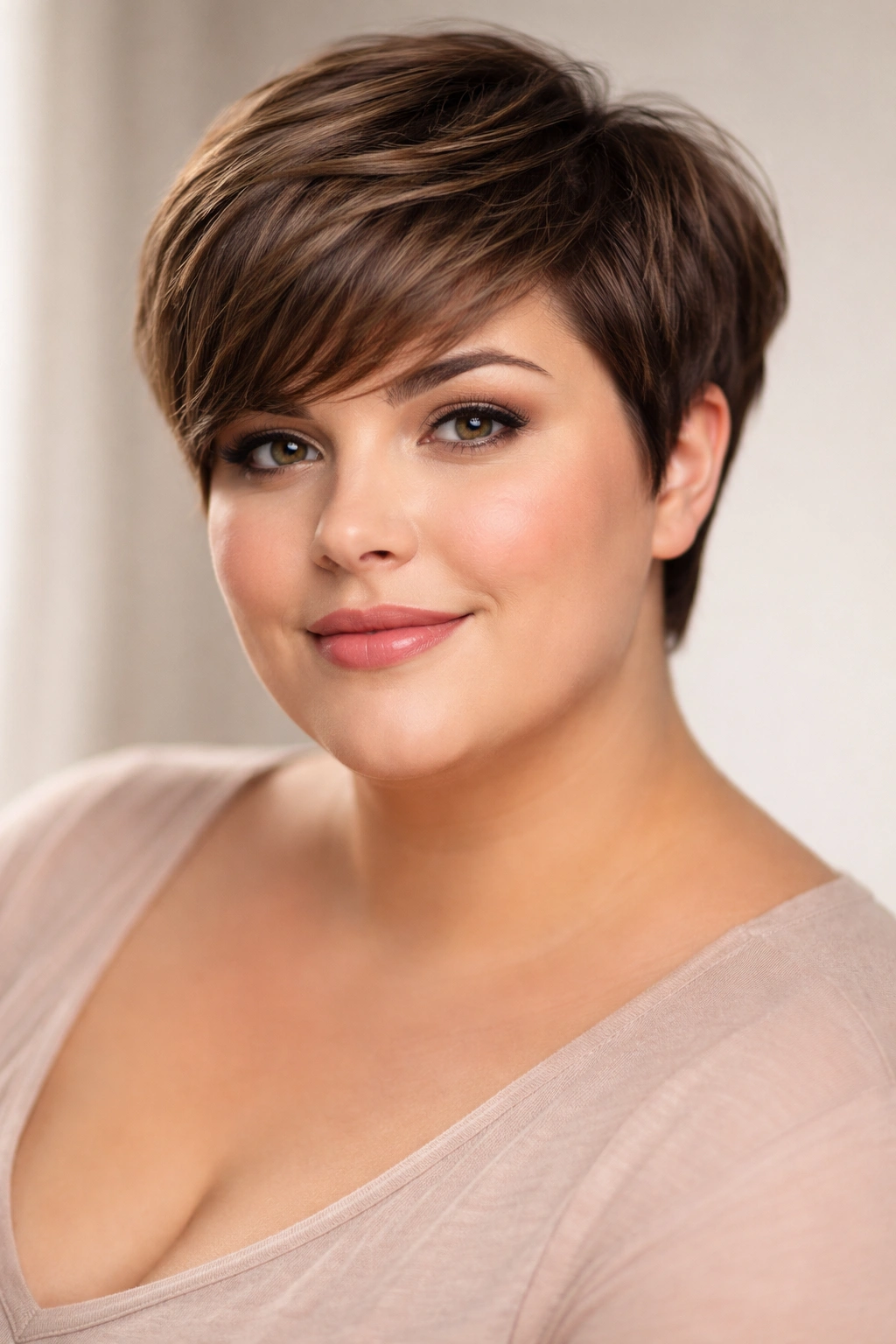 15 Flattering Short Haircuts For Plus Size Women 14 Close-up of a model with a rounded pixie cut and soft styling