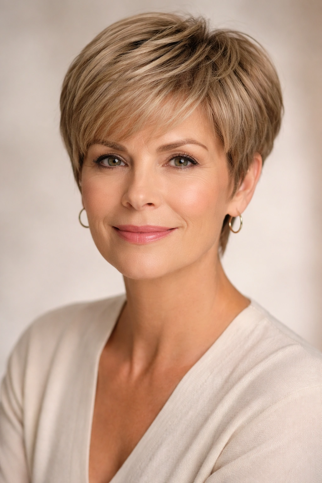 Portrait of a woman in her fifties with a square face wearing a rounded pixie