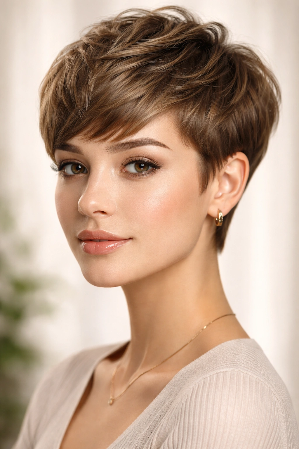 Close-up portrait of a rounded pixie hairstyle with a textured crown