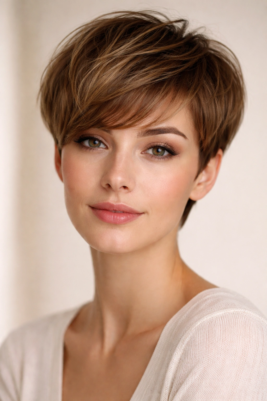 12 Hairstyles That Widen And Flatter A Long Face 5 Model with rounded pixie cut featuring longer top length