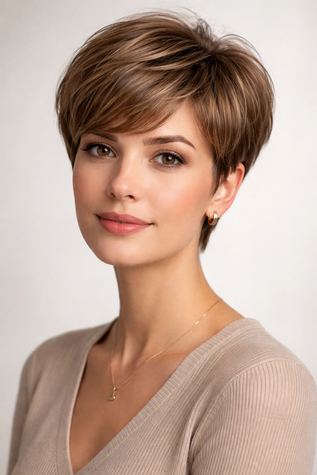 Close-up of a rounded pixie with pronounced crown volume and fuller sides