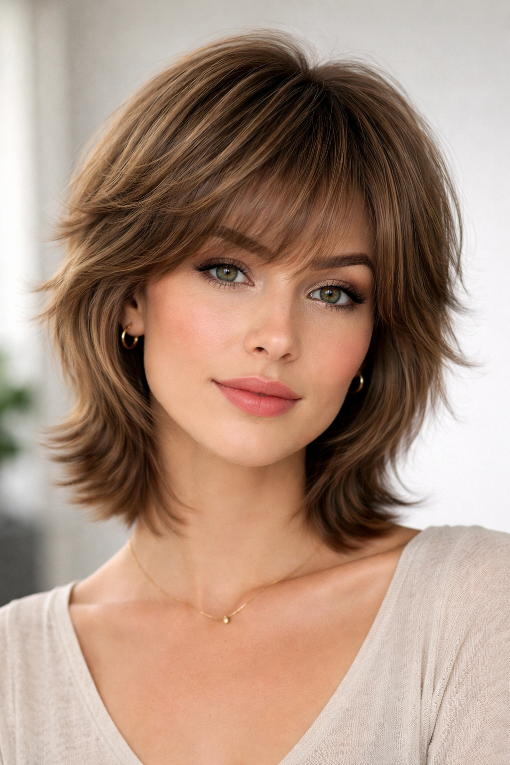 Rounded shag hairstyle with textured top and a soft, rounded silhouette.