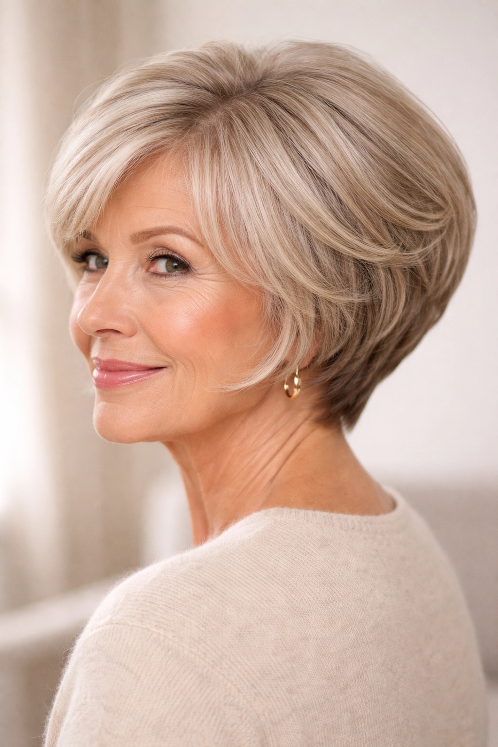 Portrait highlighting a rounded stacked bob with stacked back layers and face-framing front pieces.