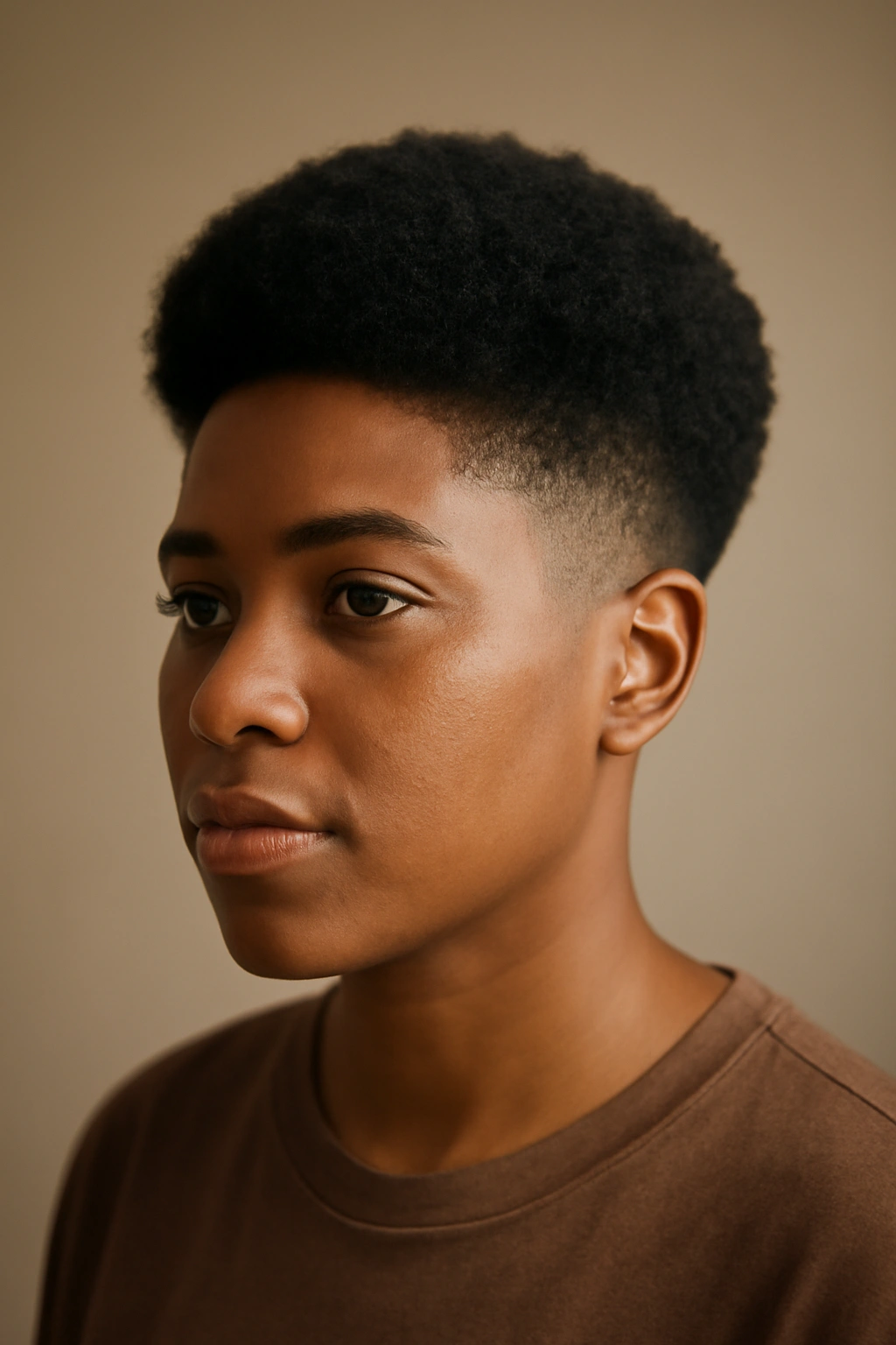 15 Tapered Cuts for Natural Hair Sorted by Curl Type 14 Portrait of a person with a rounded taper and soft blend, showing versatile hairstyle.