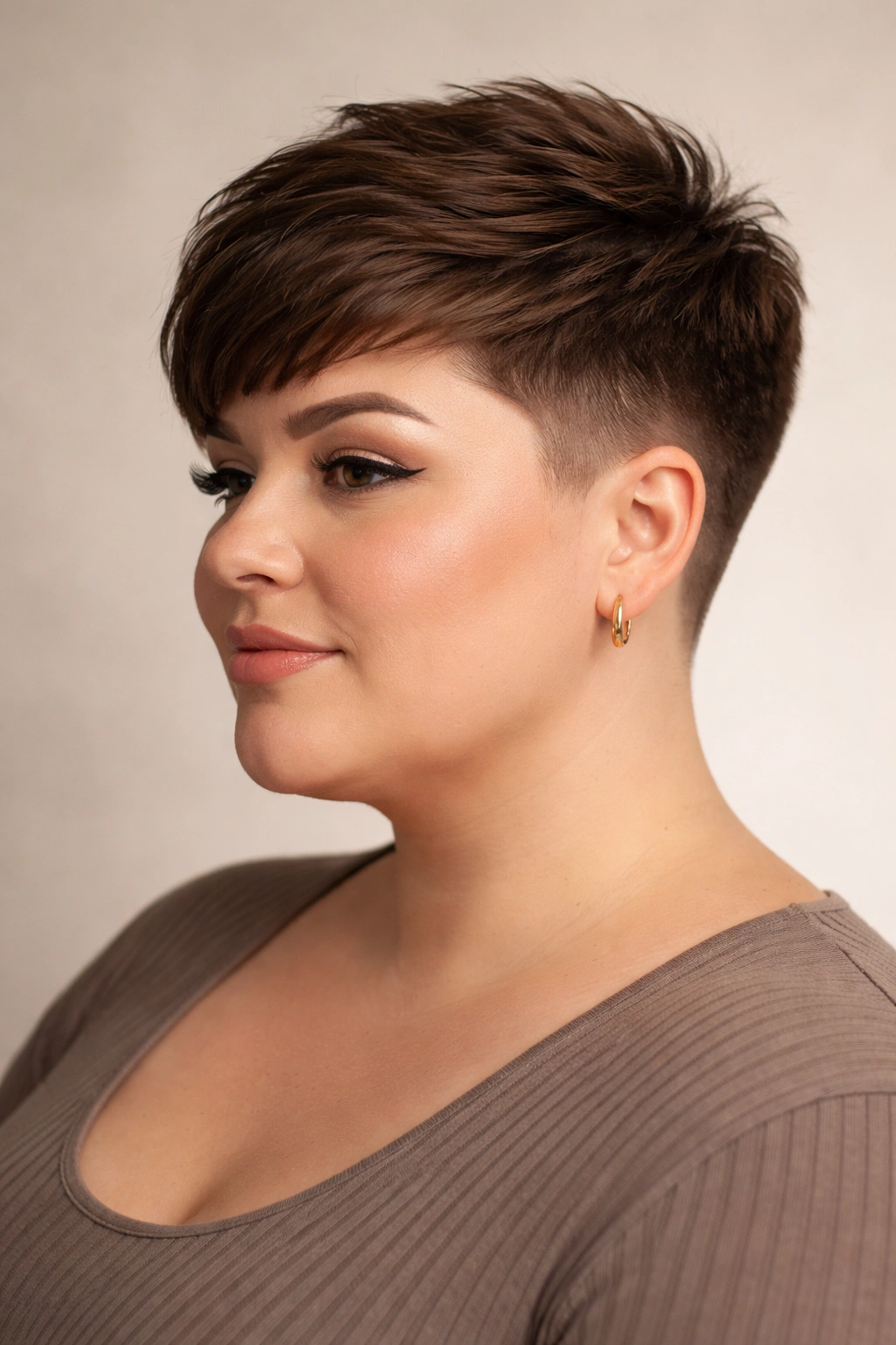 Portrait of a person with a rounded pixie fade, showing soft fade and textured top.