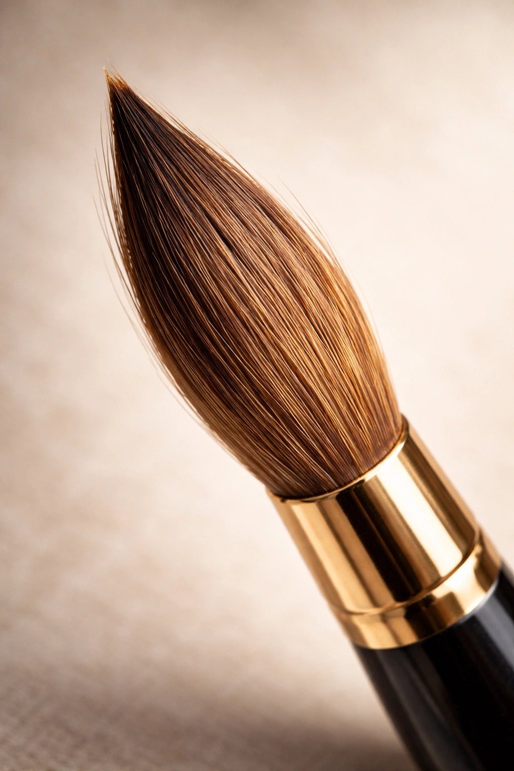 Close-up of a premium sable brush bristles fanned to show taper in studio light