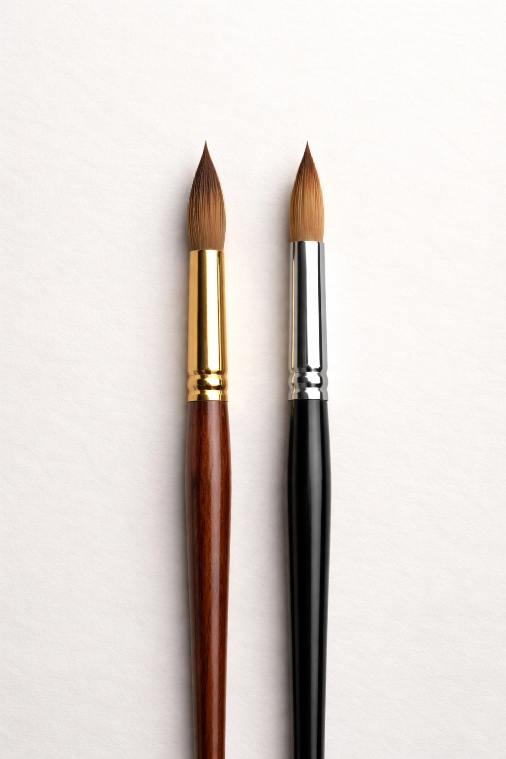 Close-up of sable and synthetic brushes aligned on a neutral studio surface for art