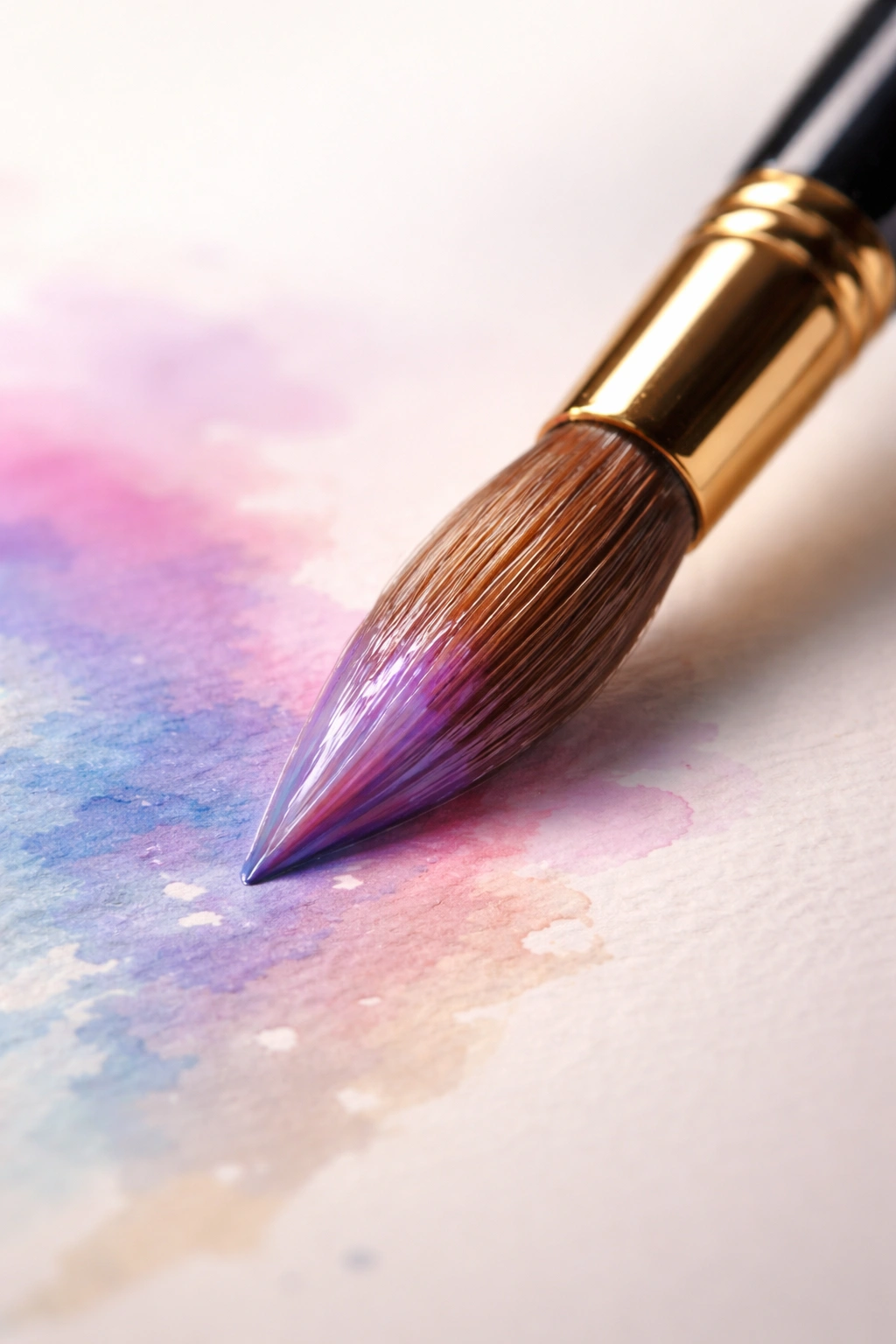 Close-up of sable brush with subtle color on bristles against gradient background