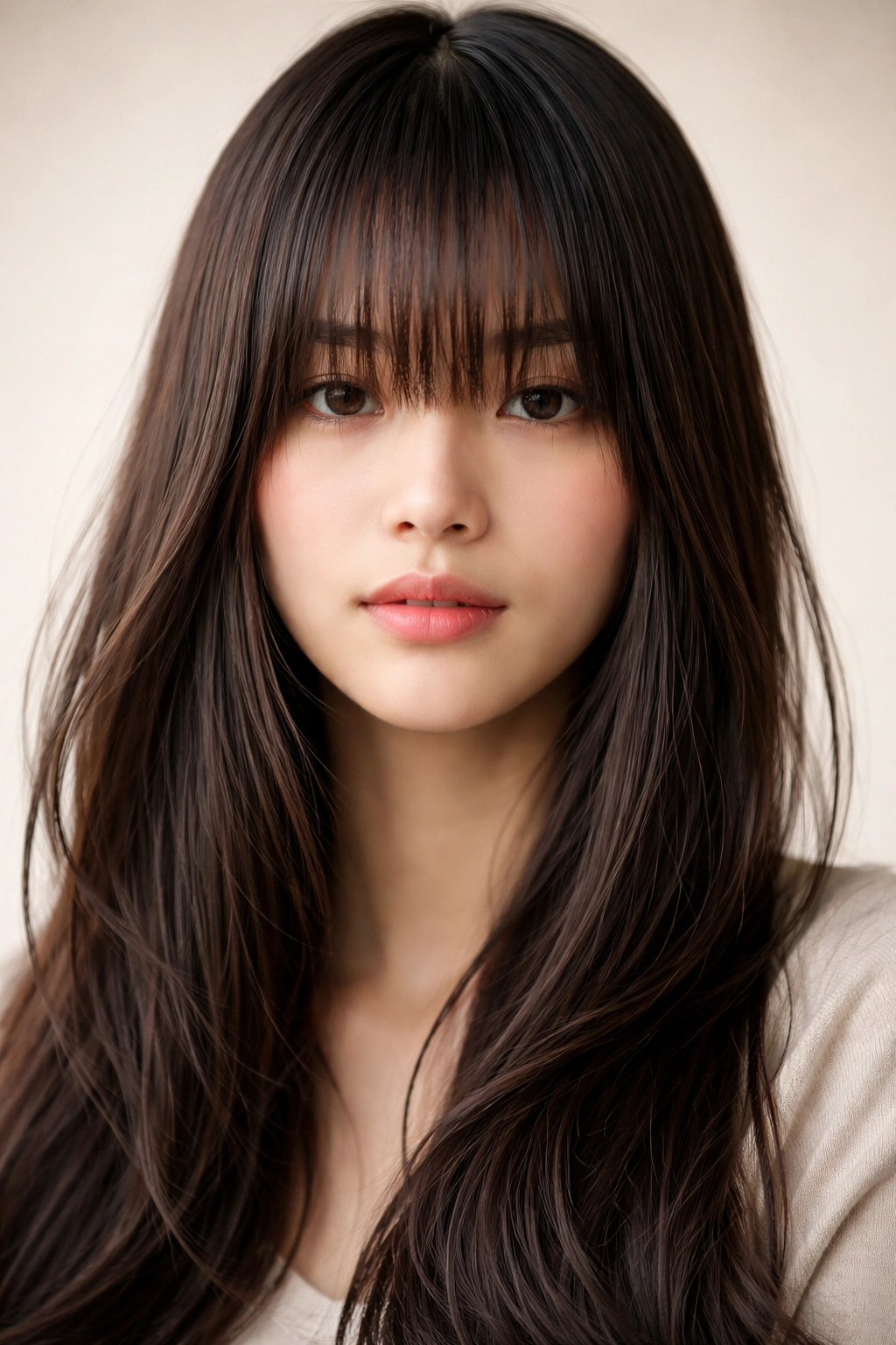 Sabrina bangs long fringe reaching nose or chin framing the face