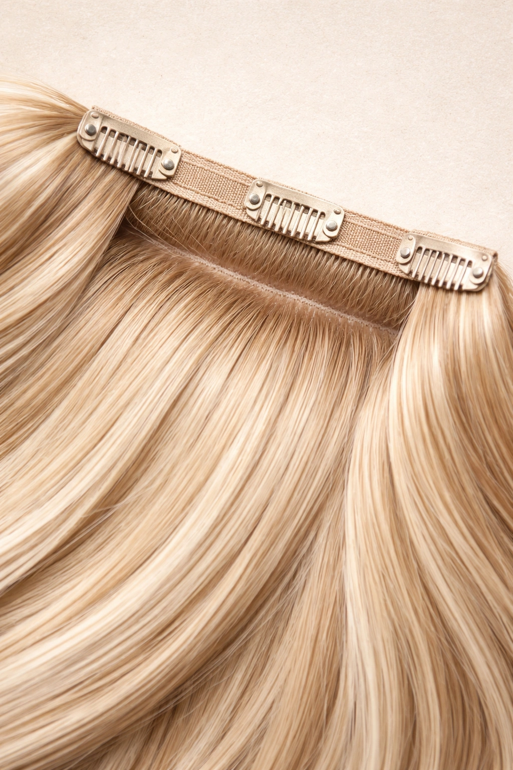 Clip-in hair extension weft showing clips and hair strands on a neutral background