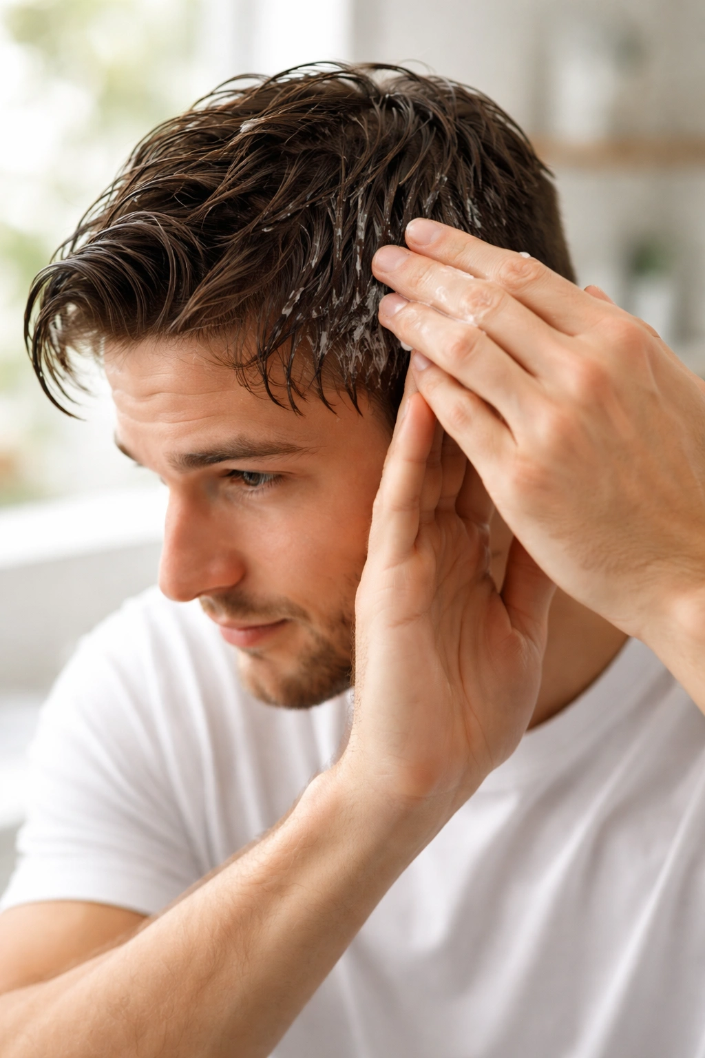 Hands applying small amount of gel to mid-length hair away from scalp