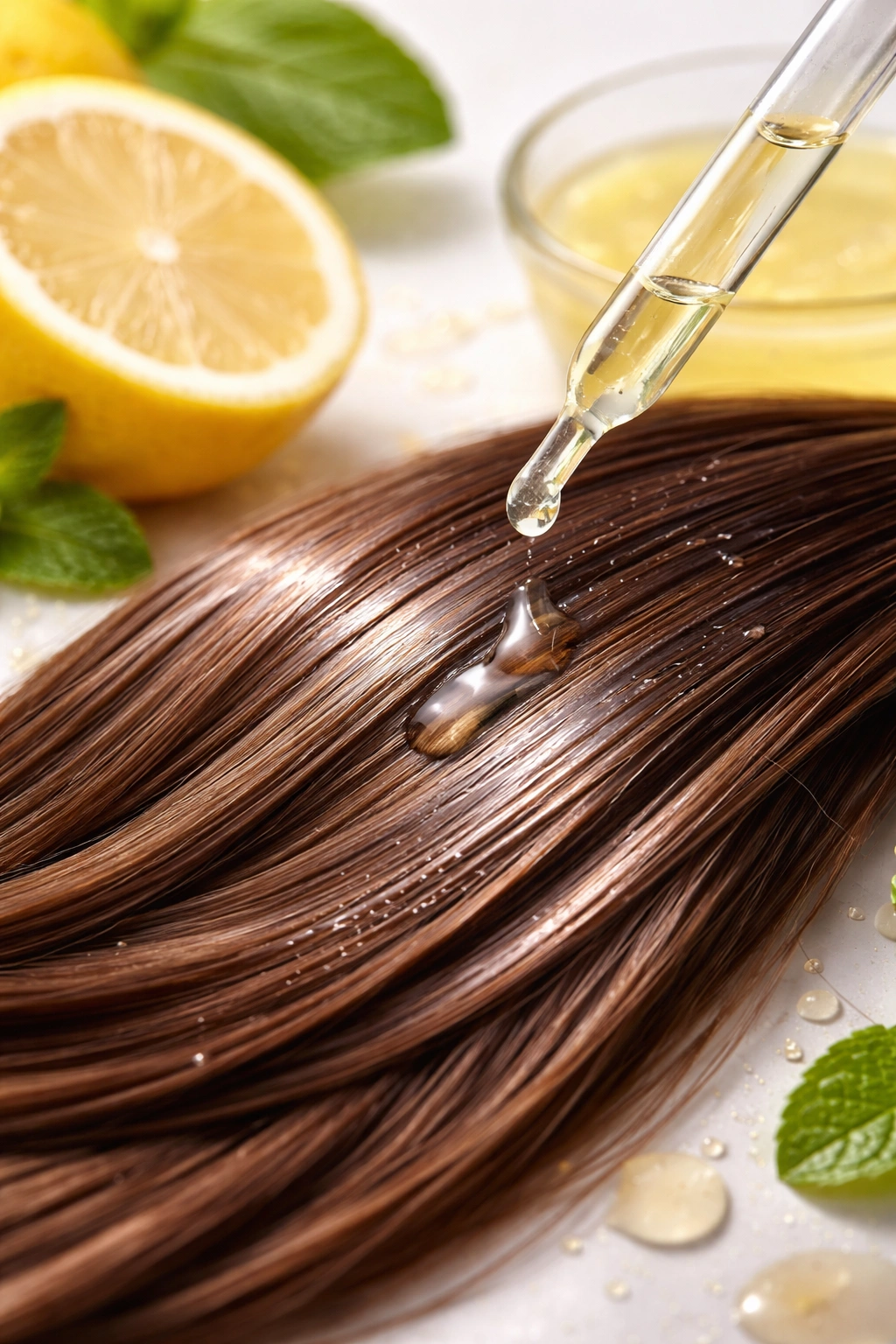 Hair strand with subtle glaze indicating safe lemon juice use