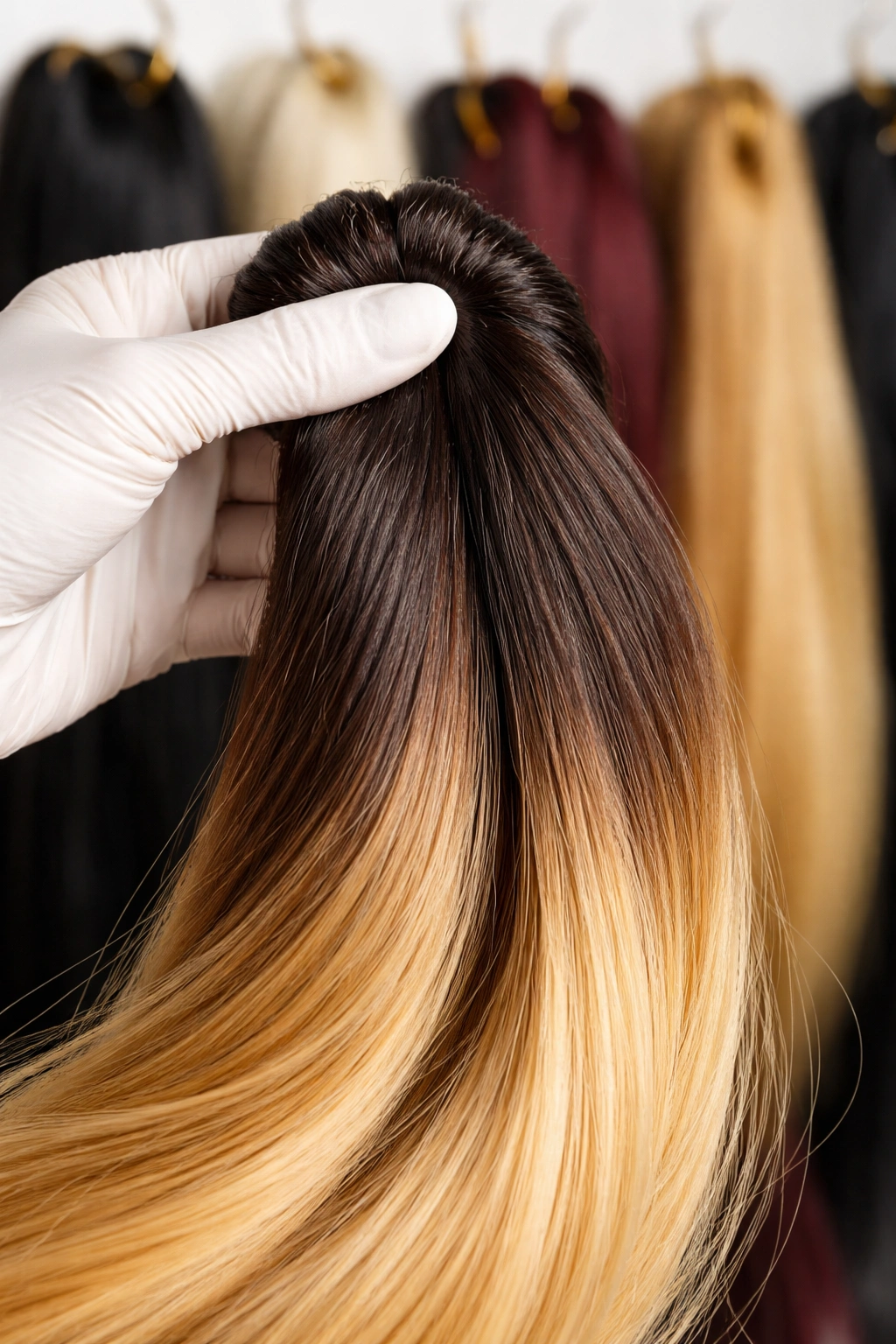 Gloved hand selecting a high-quality synthetic hair bundle