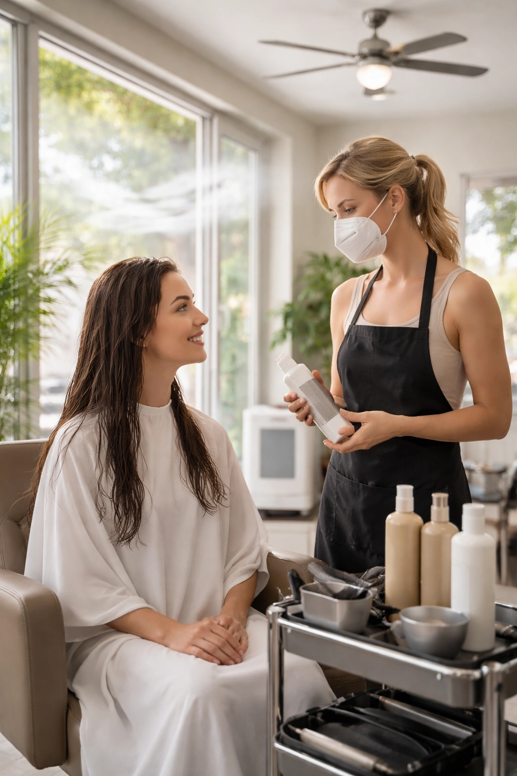 Professional salon safety scene showing ventilation and a stylist discussing safer Brazilian Blowouts