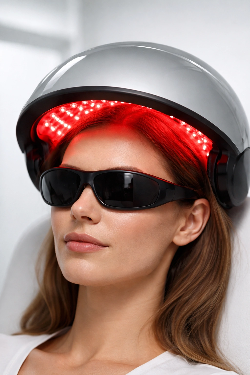 Person wearing protective goggles with red light device on scalp