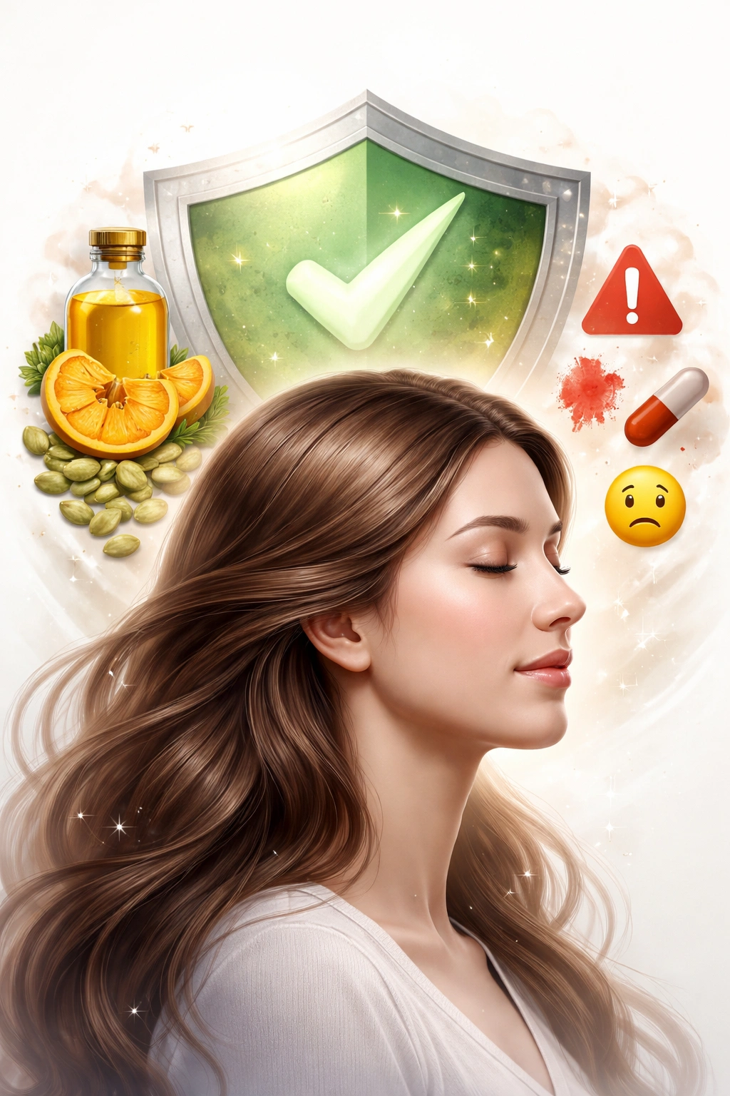 Head silhouette with shield representing safety and side effects