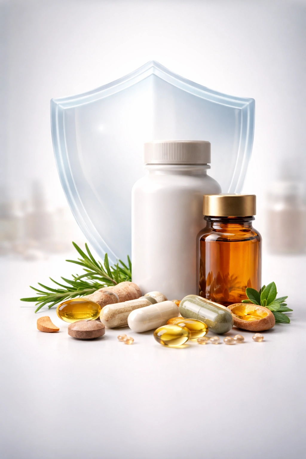 Abstract shield and pill silhouette representing safety considerations for hair supplements