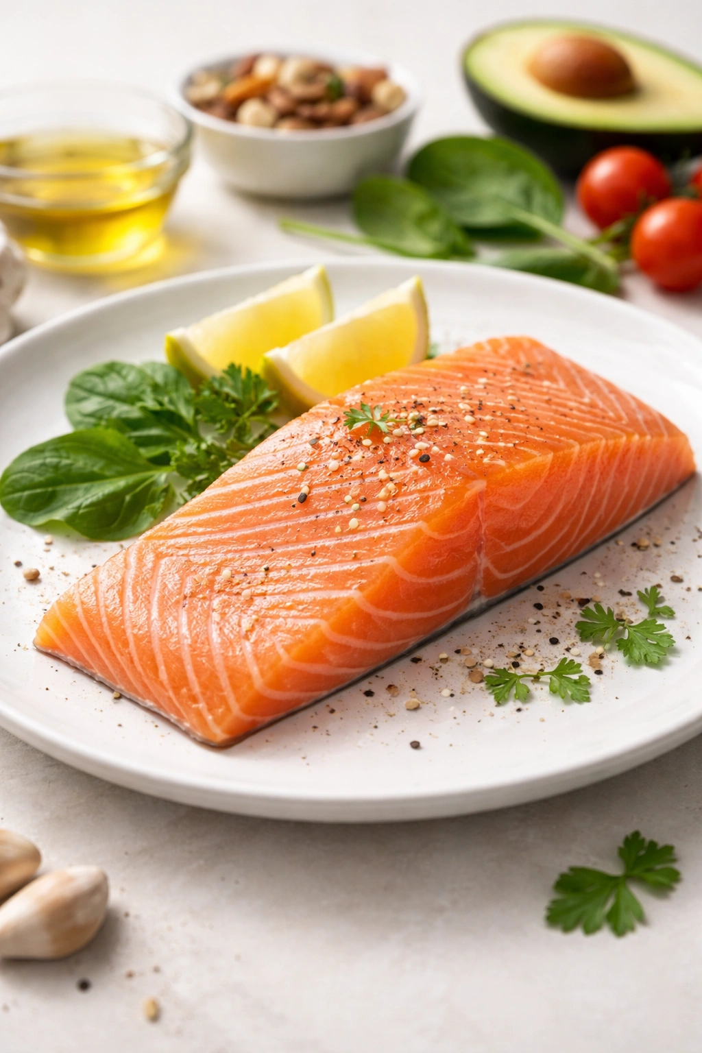 Salmon fillet on plate representing hair-healthy protein and omega-3 intake