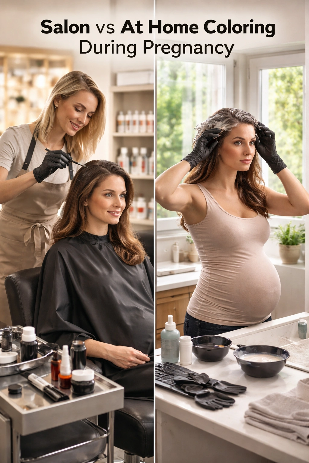 Split-screen comparison of salon and home hair coloring during pregnancy