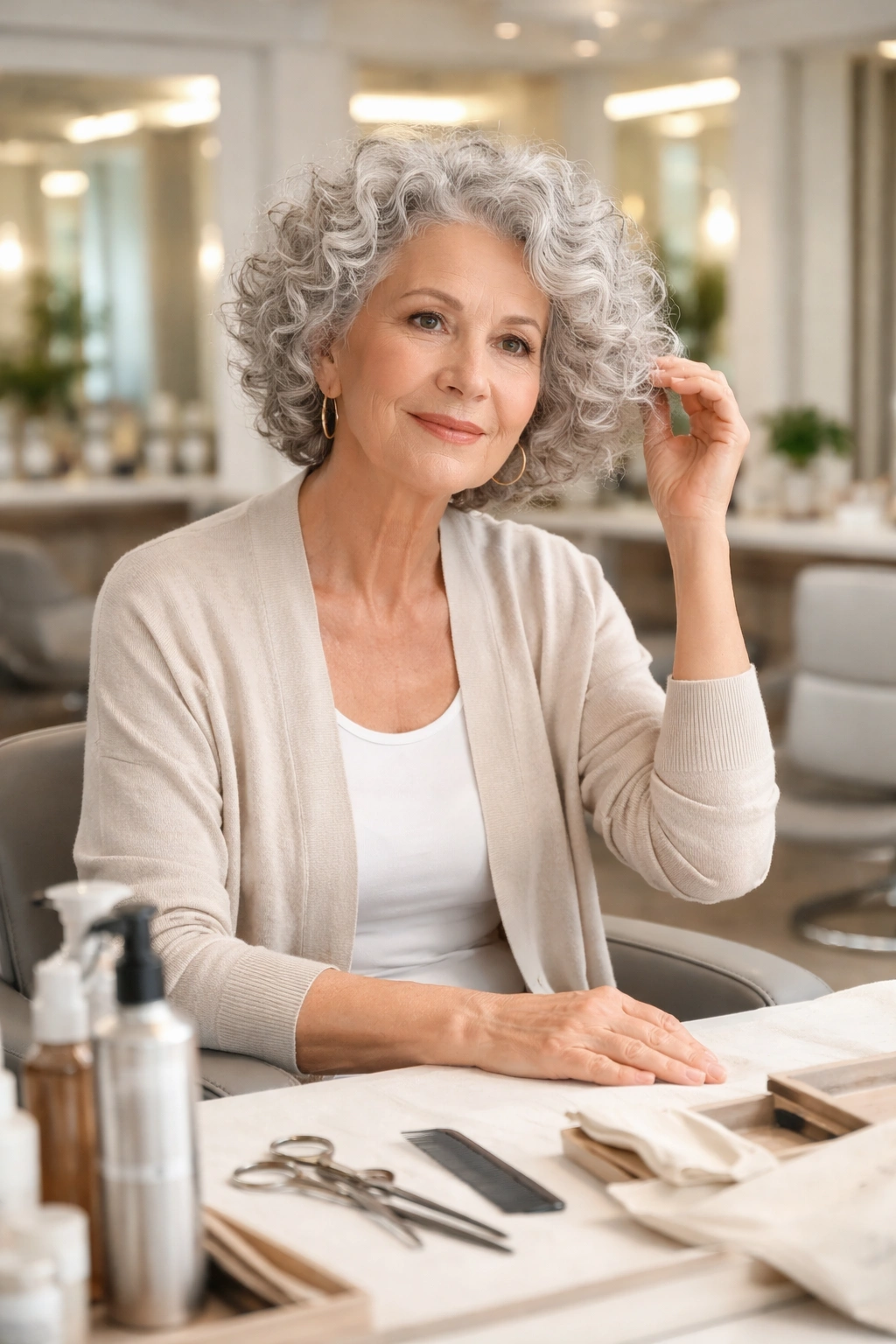 Mature woman in salon chair awaiting a trim in modern salon