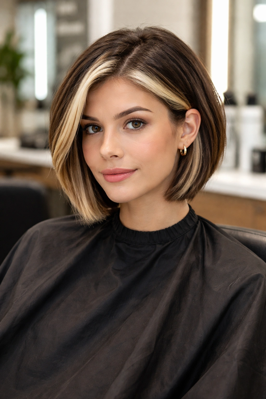 Person in salon chair with money piece highlight and visible regrowth