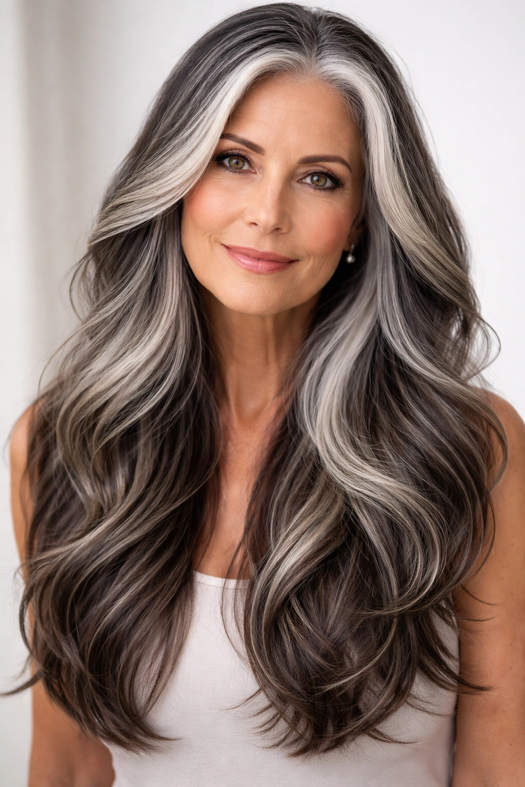 Woman with long hair featuring salt-and-pepper balayage.