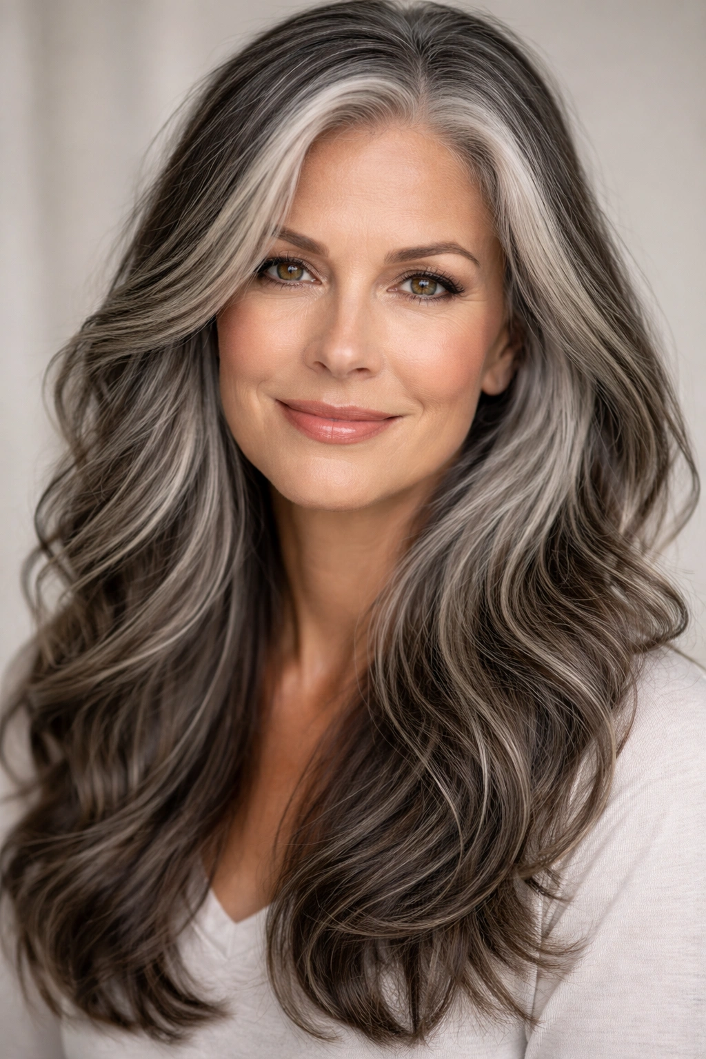 Close-up of mature woman's salt-and-pepper hair with natural blend and soft waves.
