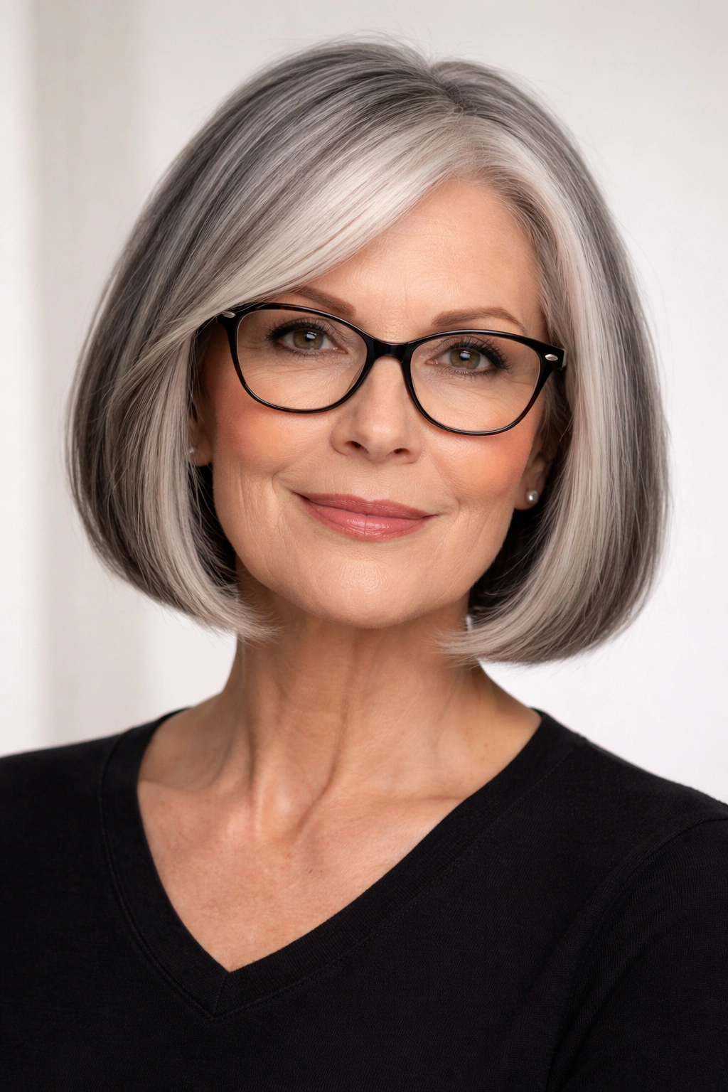 Salt-and-pepper grey bob with blunt ends at chin length