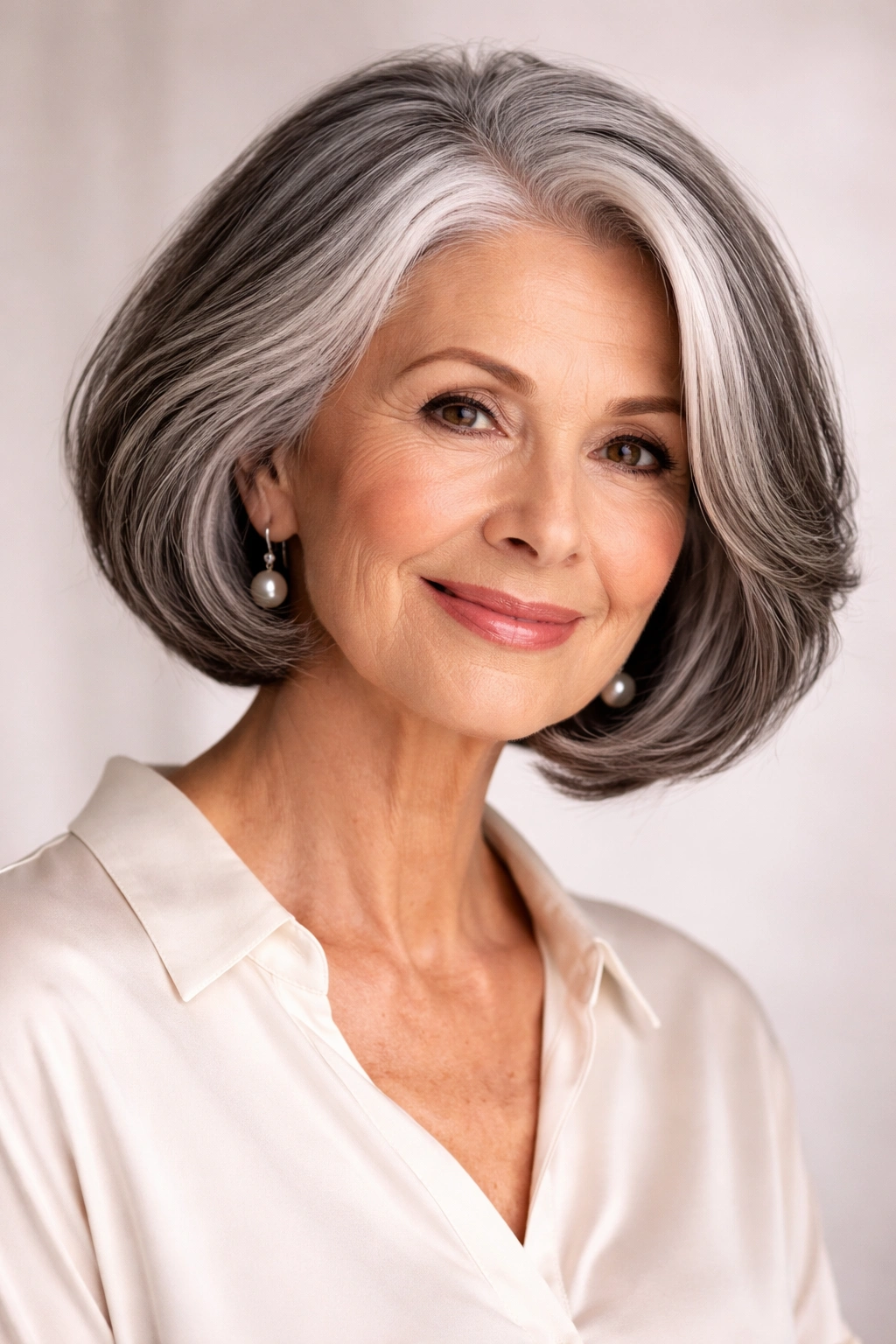 Close-up of a chin-length salt-and-pepper bob with gray base and darker lowlights on a mature woman