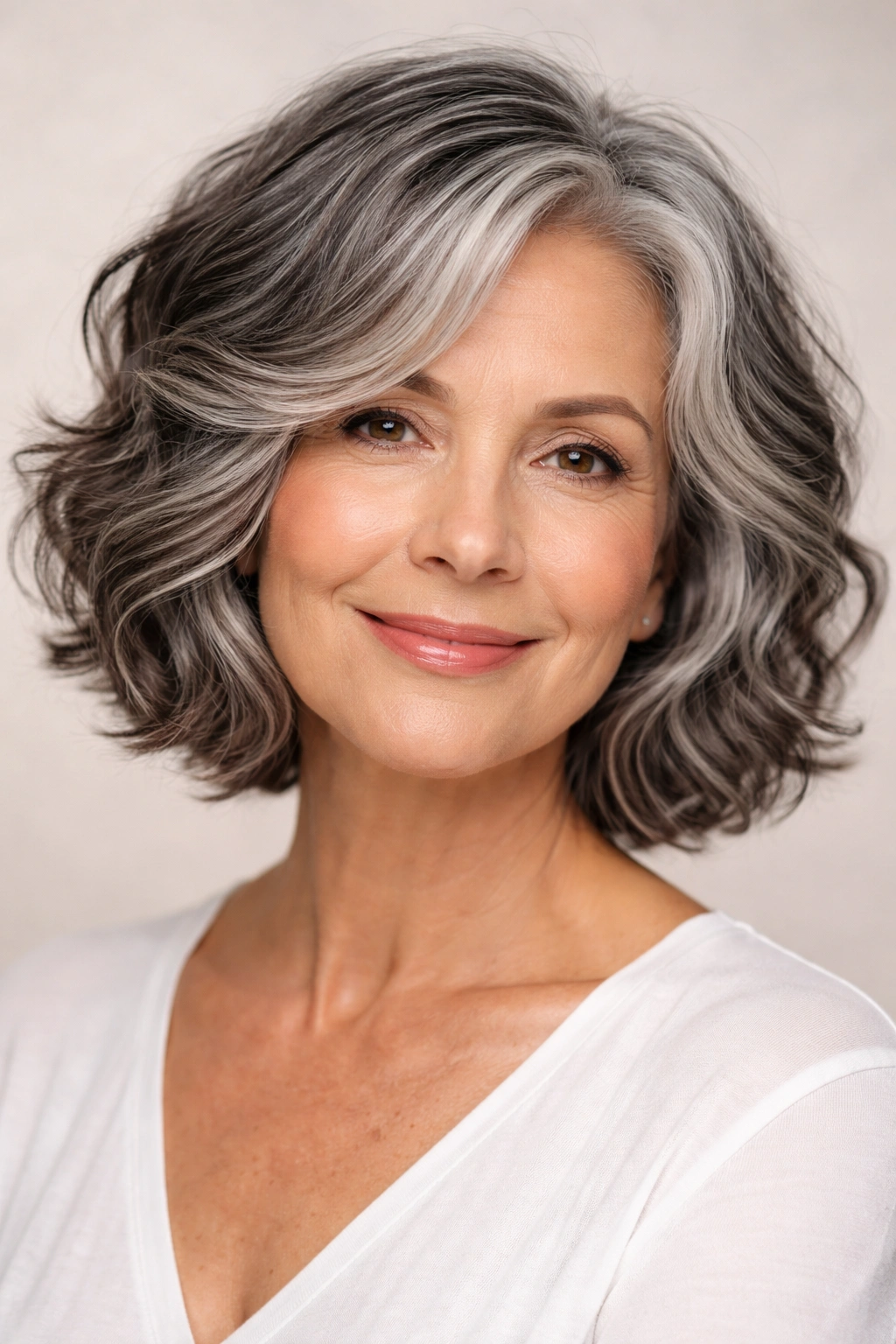 Chin-length waves in natural salt-and-pepper color showing movement