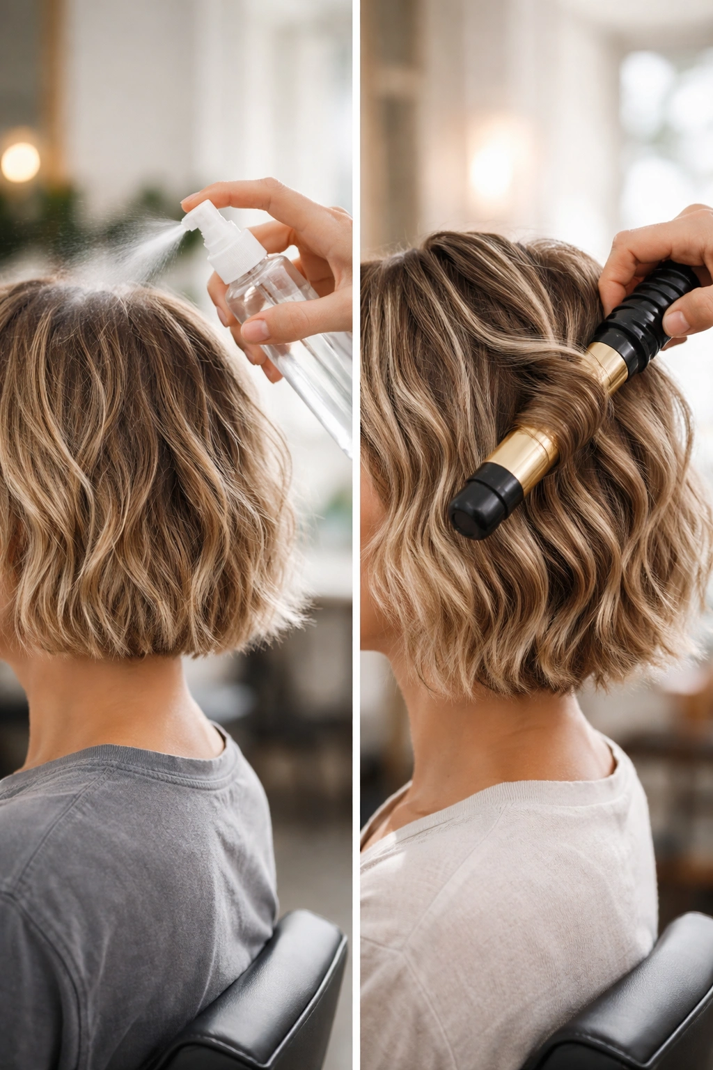 Close-up of short hair being primed with salt spray and curled with a curling iron for lasting waves