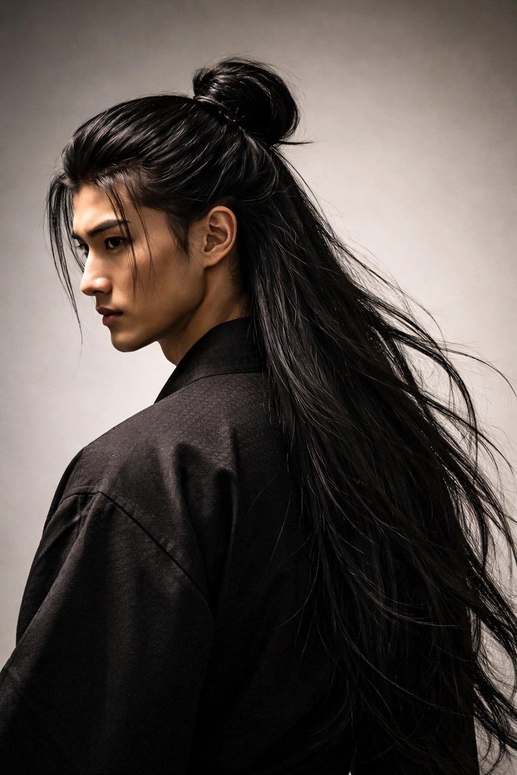 Samurai-inspired long hair tied in a high knot