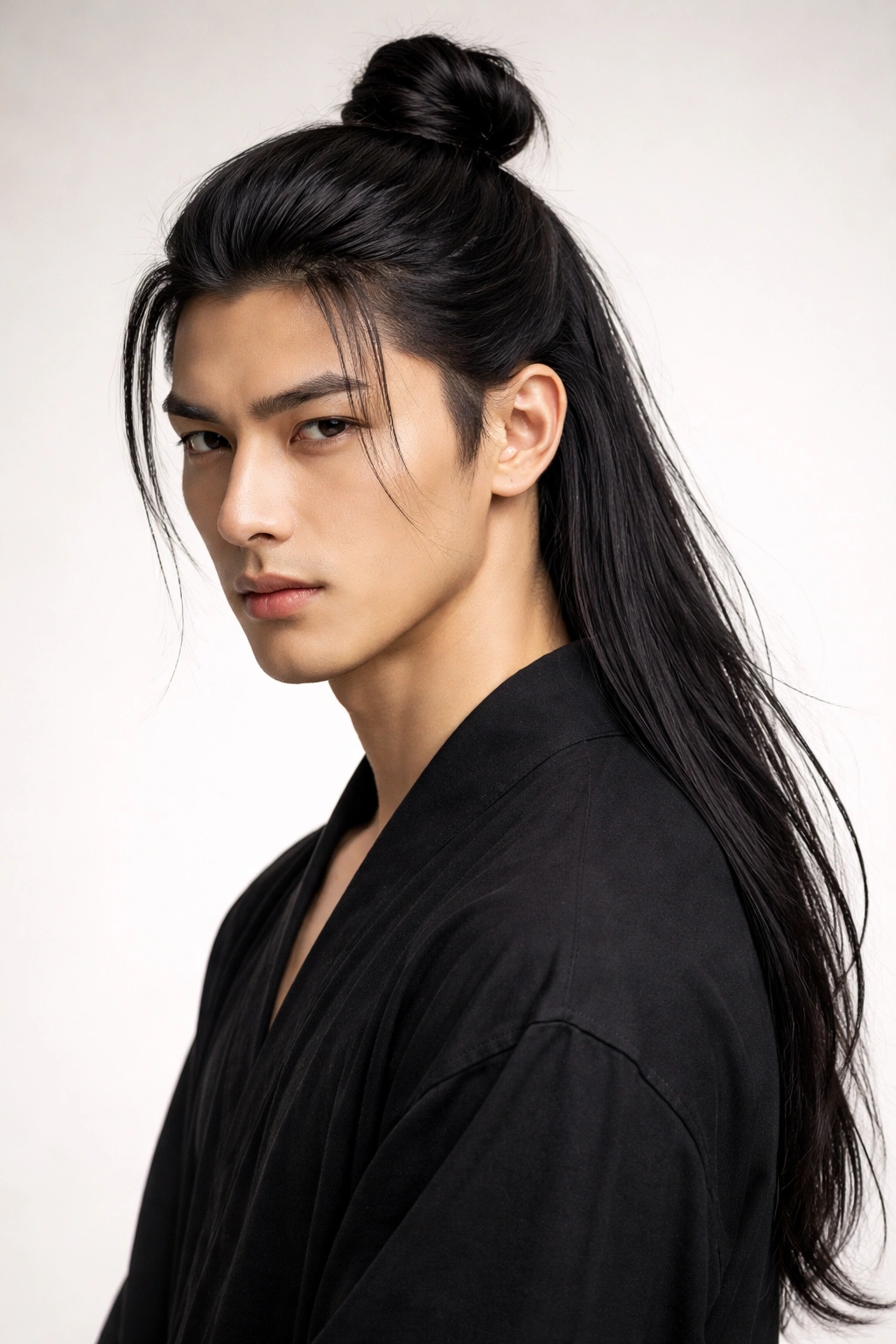 Long hair tied into a high knot near the crown for a samurai-inspired look