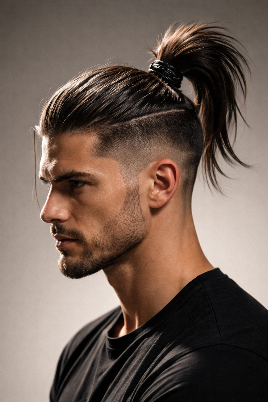 Three-quarter view of a man with a high crown samurai-style ponytail