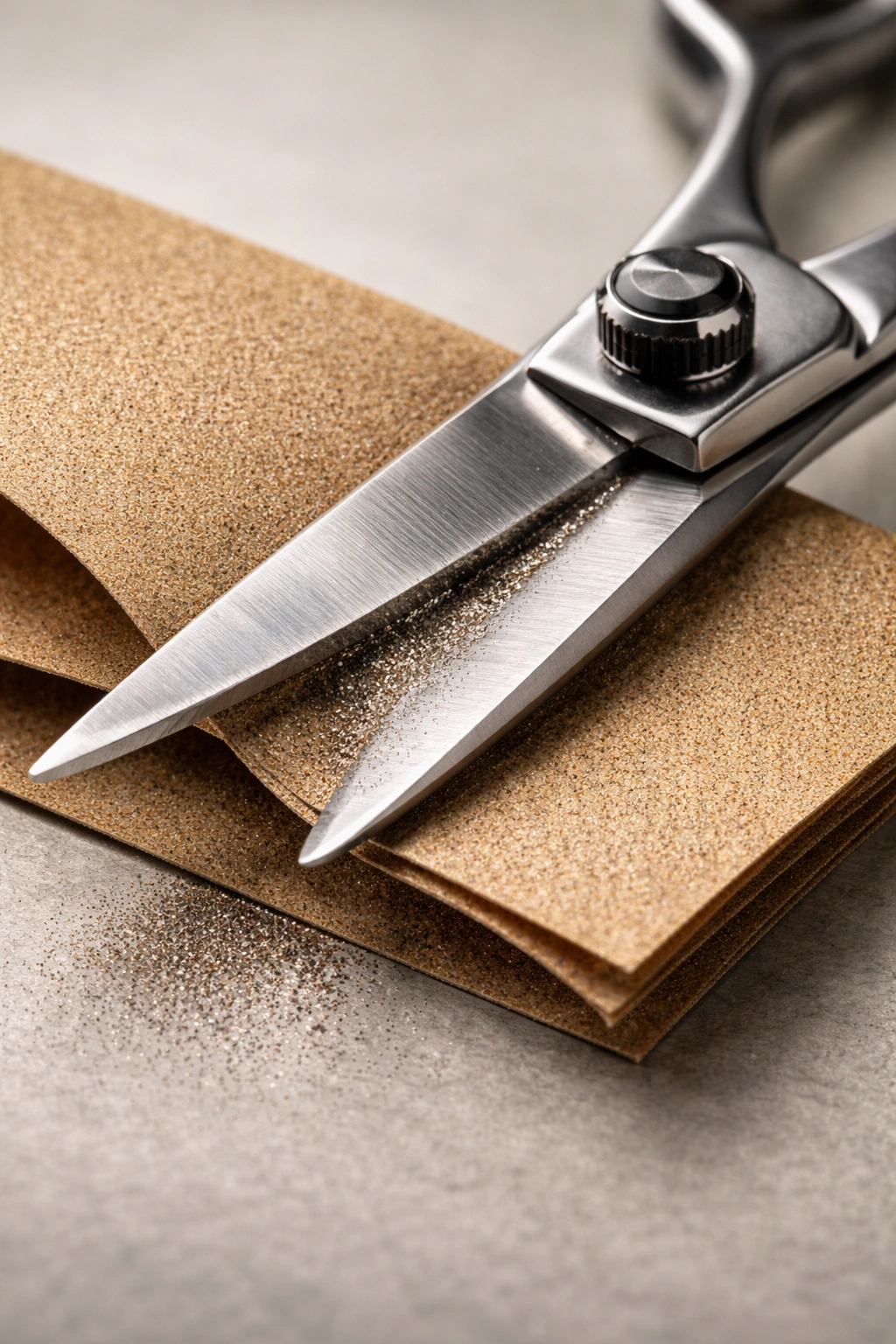 Scissors cutting through sandpaper to sharpen blades