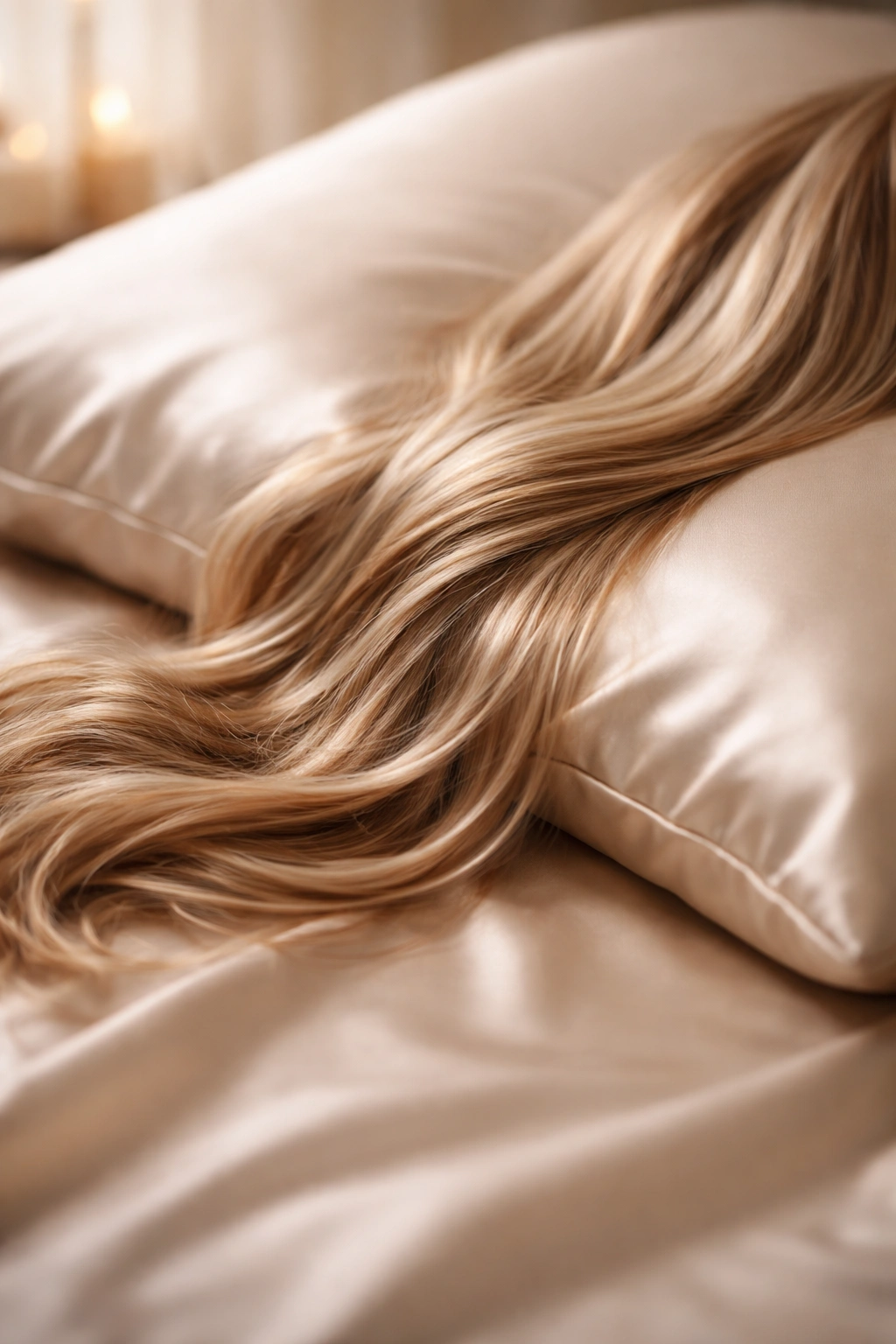 Close-up of satin pillowcase with a hair strand resting to show hair maintenance