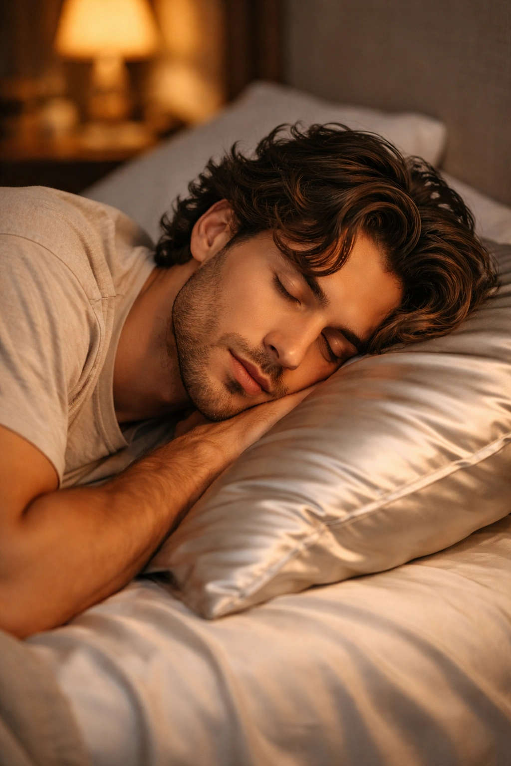 Head resting on satin pillowcase to preserve waves overnight