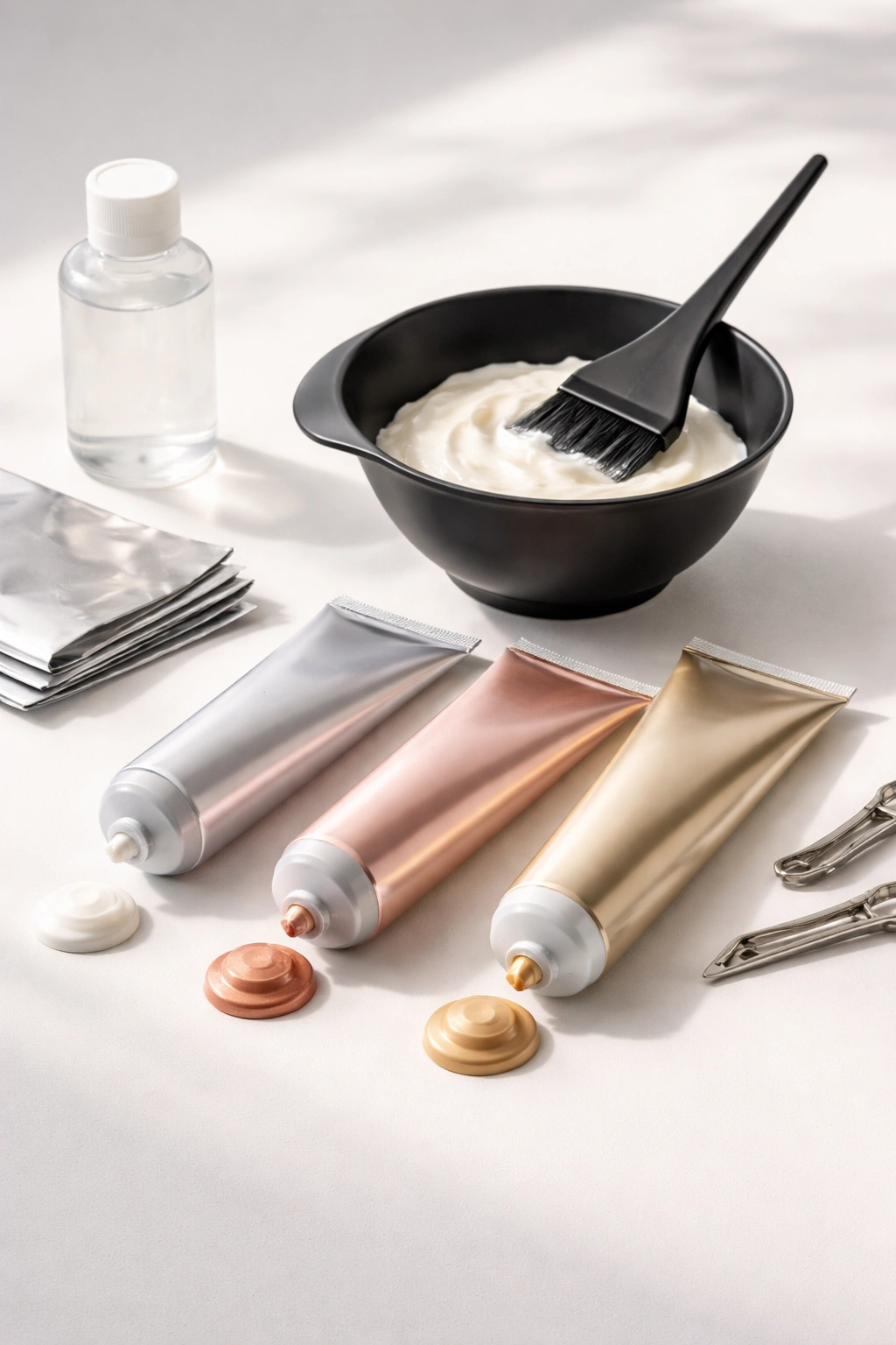 Minimalist arrangement of affordable-looking hair color products illustrating smart saving options.