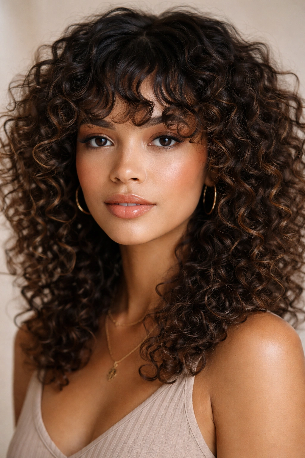 18 Gorgeous Ways To Wear Bangs With Curly Hair 17 Scalloped bangs with curved edge on curly hair