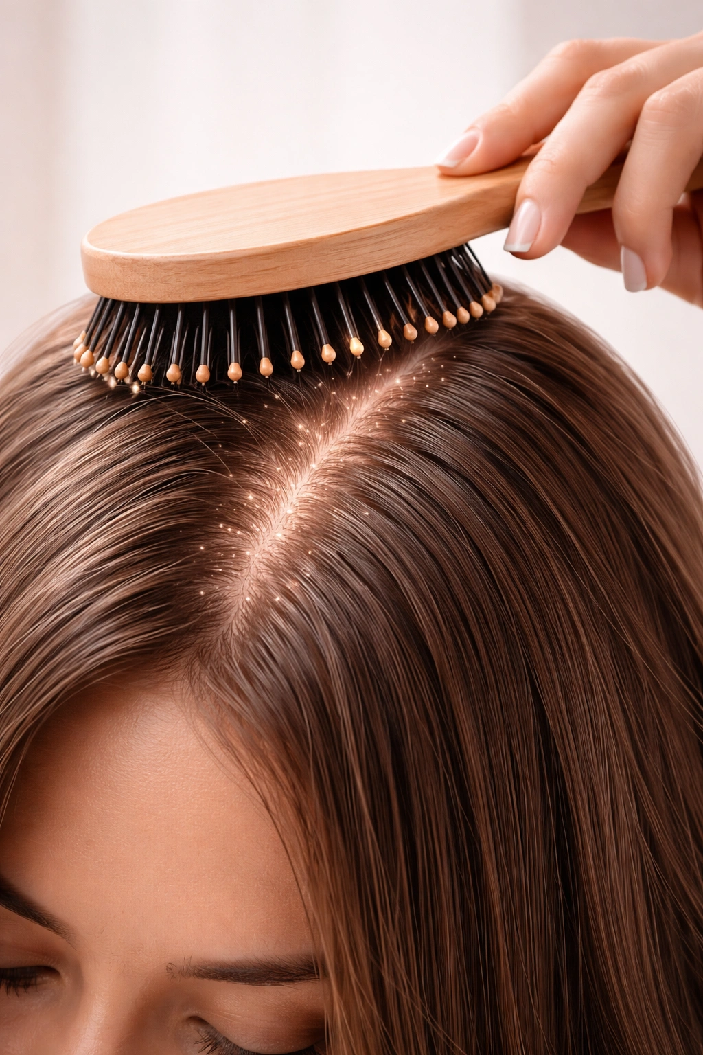 Scalp close-up with hand brushing to stimulate follicles and distribute oils