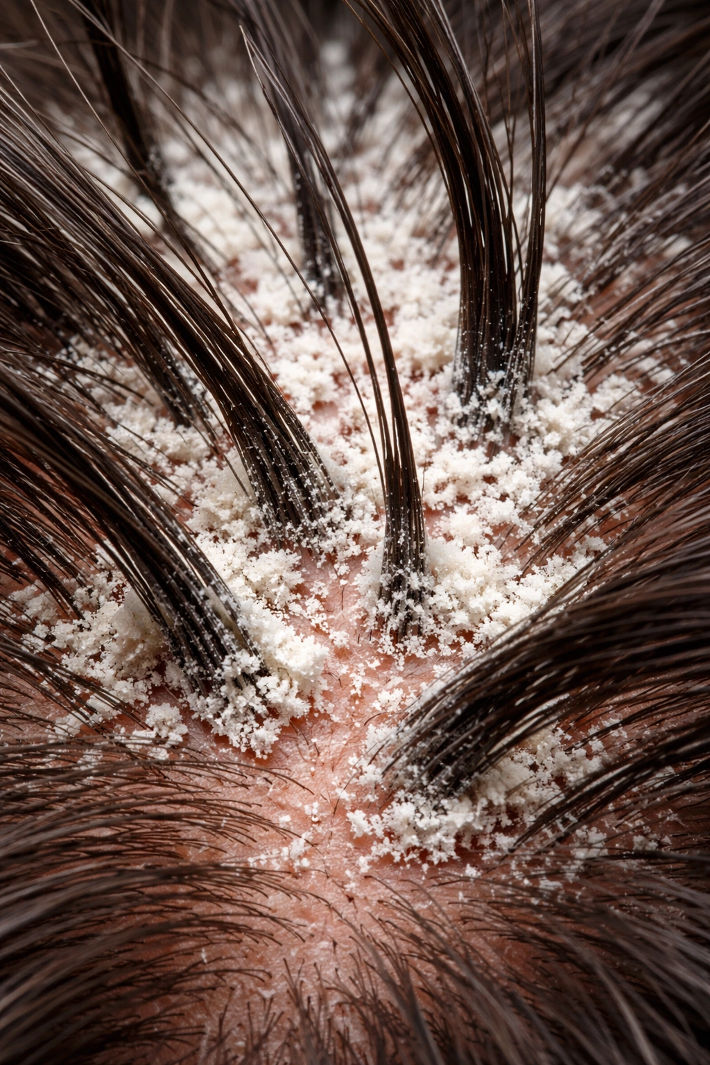 Macro scalp close-up showing powder buildup around follicles