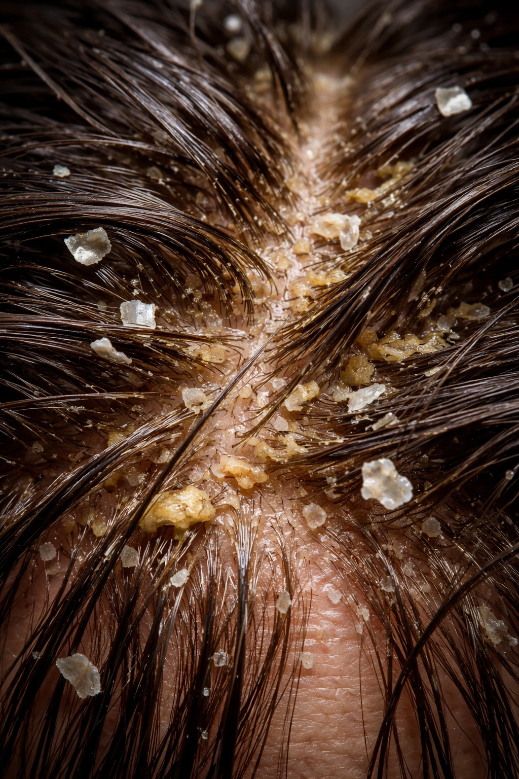 Close-up of scalp with sebum buildup and flaky skin from infrequent washing