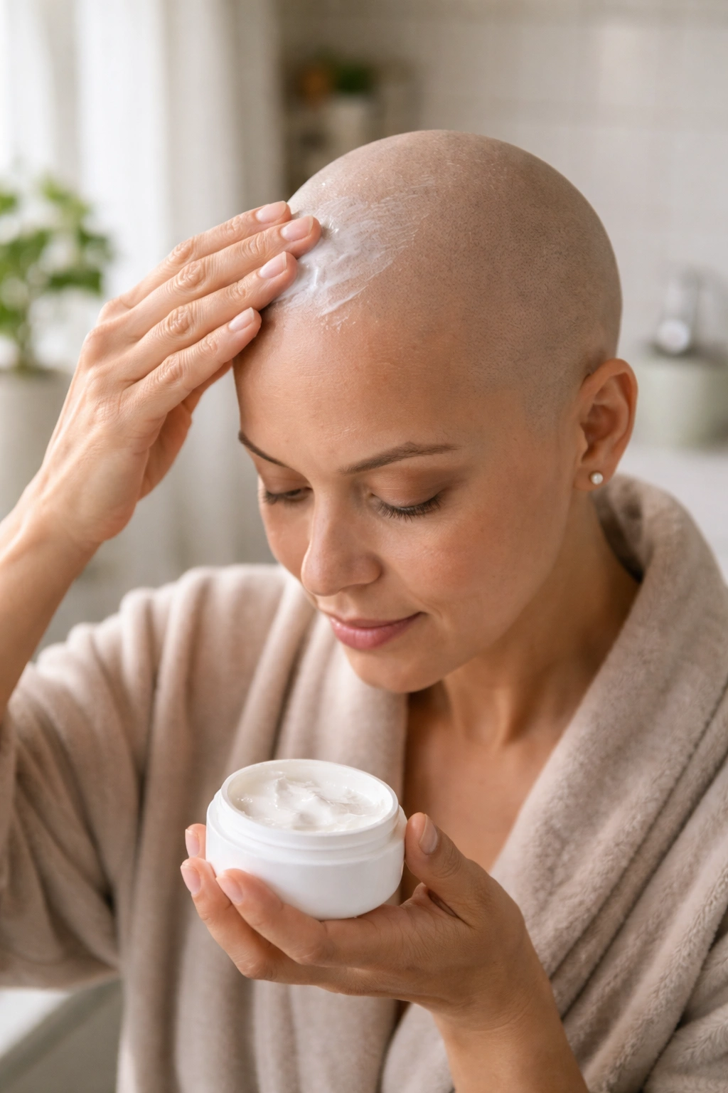 Close-up of a shaved head and hand applying fragrance-free moisturizer to the scalp