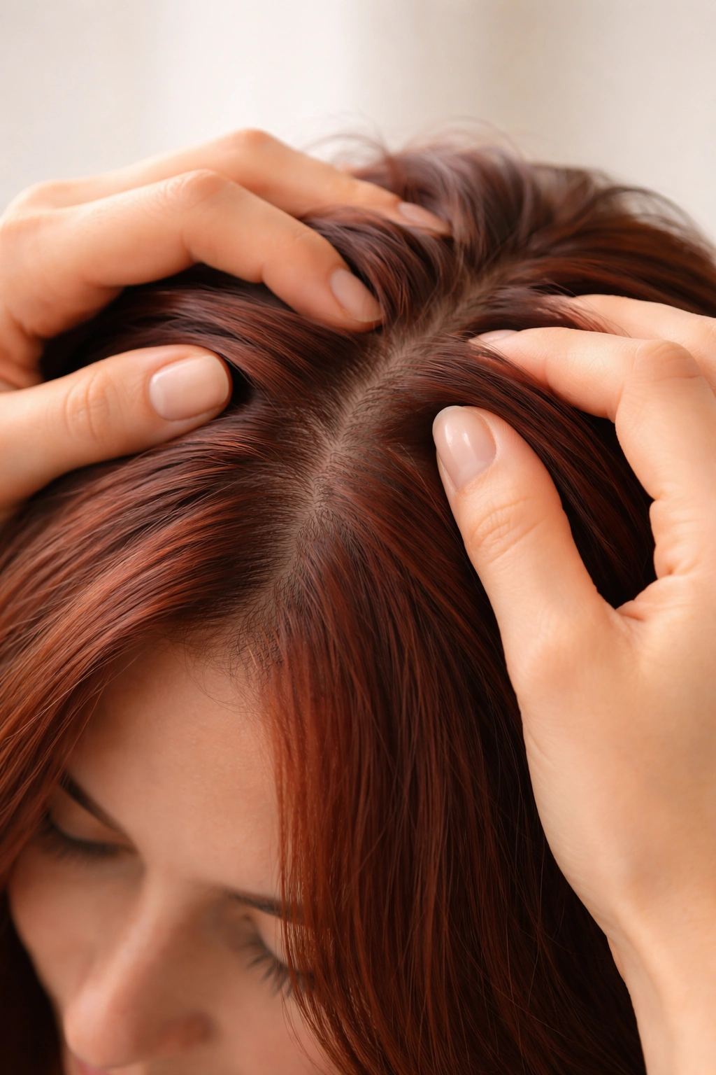 Hands massaging scalp to ease post-color irritation in a calm studio setting