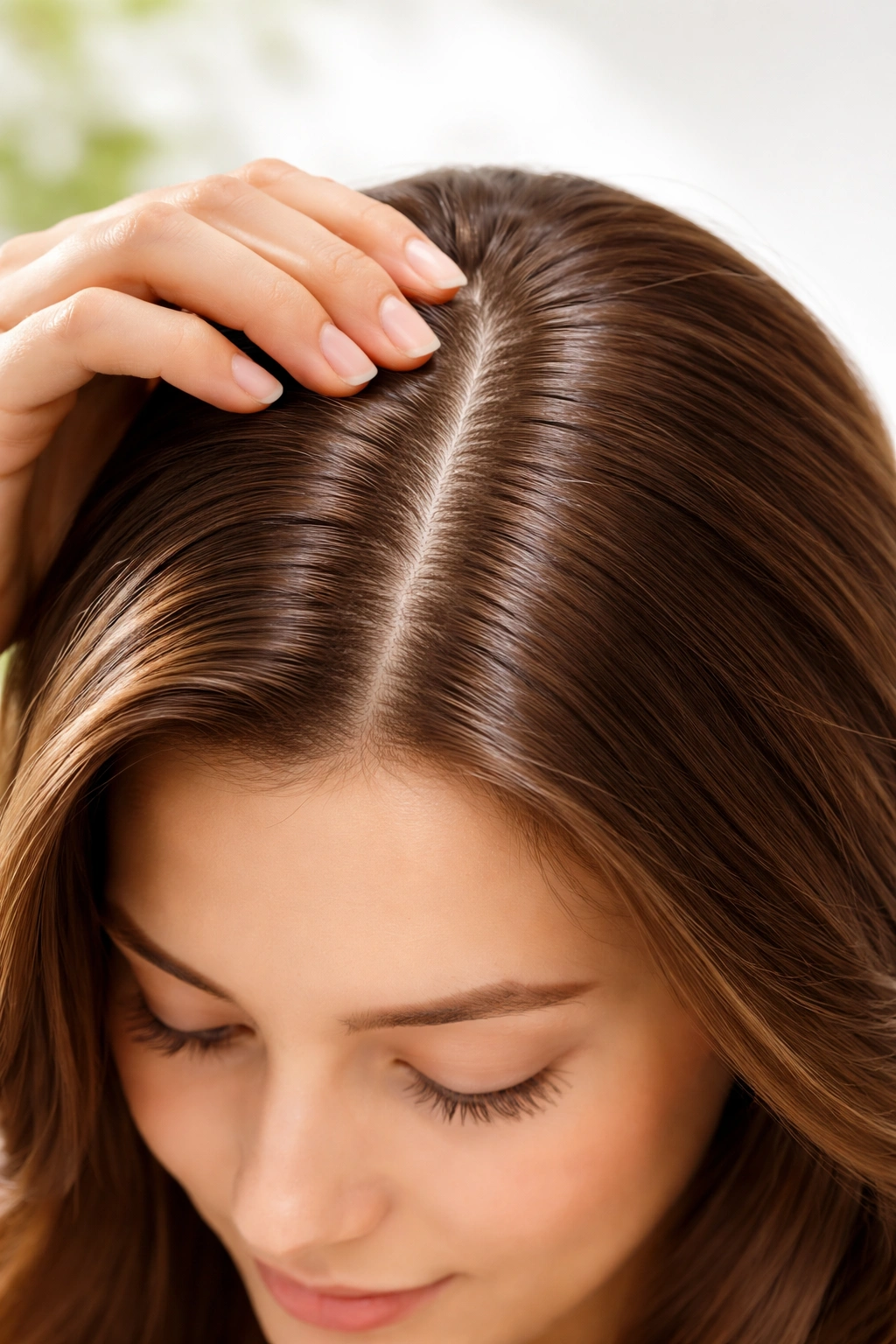 Calm, healthy scalp with shiny hair in natural light