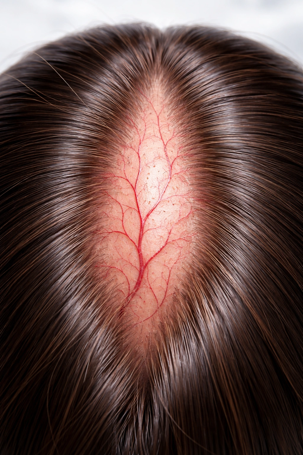 Scalp close-up showing vascular pathways indicating blood flow